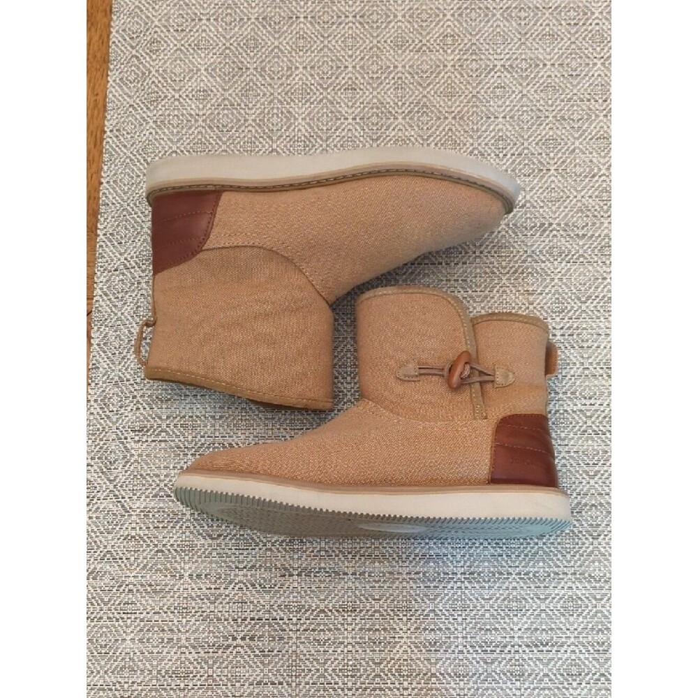 Women's Sanuk Cozy Vibe Surf Check Tan Canvas Ankle Boot with Leather Accent - Picture 3 of 9